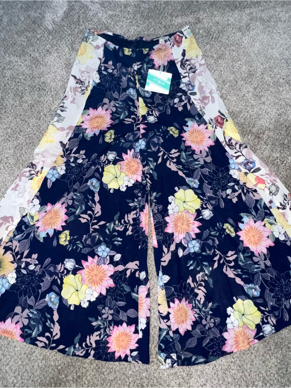 Umgee Navy Floral Wide-Leg pants with Pink & Yellow Blooms
